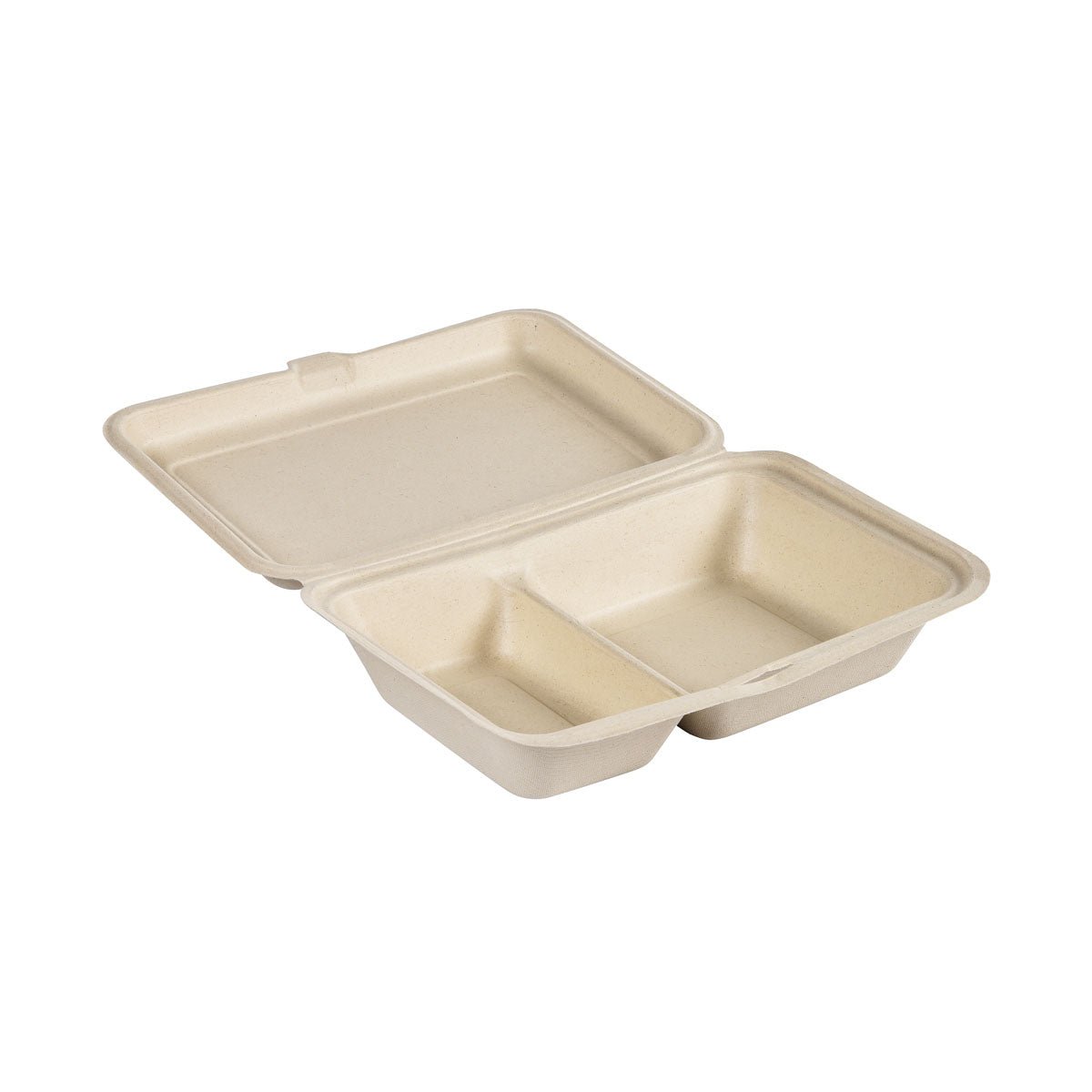 Une coquille 470/300 ml - non enduite 2 emballage en bagasse brun de Duni GmbH (255x170x65 mm), fabriquée à partir d'emballage alimentaire durable, dispose de deux compartiments avec couvercle à charnière et est représentée ouverte sur fond blanc. Emballage : 50 pièces.