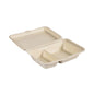 Une coquille 470/300 ml - non enduite 2 emballage en bagasse brun de Duni GmbH (255x170x65 mm), fabriquée à partir d'emballage alimentaire durable, dispose de deux compartiments avec couvercle à charnière et est représentée ouverte sur fond blanc. Emballage : 50 pièces.