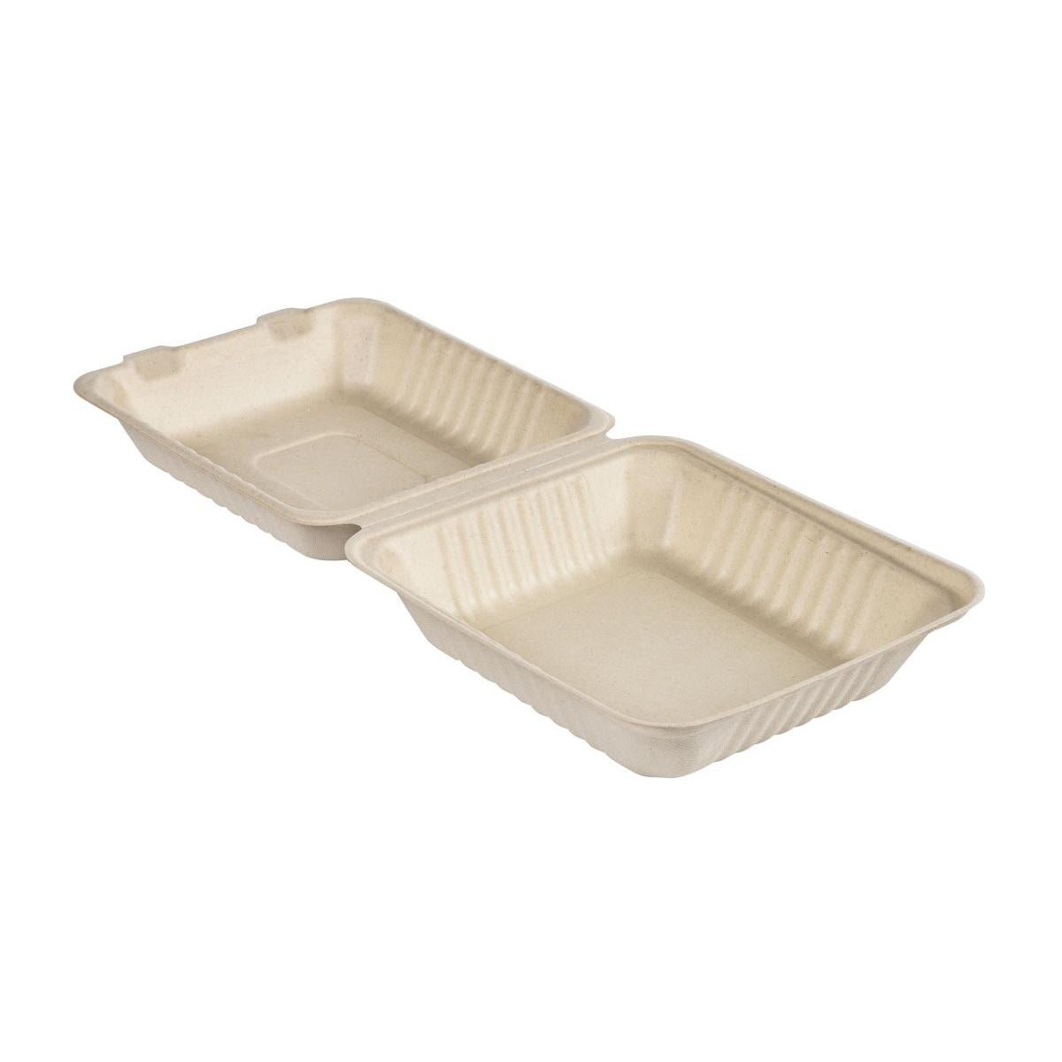 Un Clamshell ouvert 1000 ml - Bagasse brune non revêtue 223x200x85 contenant à emporter de Duni GmbH montre deux compartiments vides et rainurés. Paquet (50 pièces).