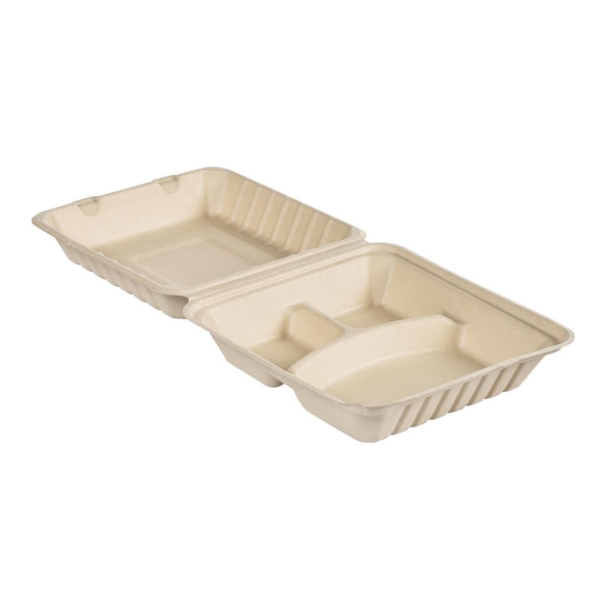La Duni GmbH Clamshell 350/120/120 ml, non revêtue 3 Bagasse brune (235x235x90 mm), est un conteneur rectangulaire beige à emporter avec deux compartiments, fabriqué à partir de bagasse biodégradable. Illustré ouvert ; paquet de 50 pièces.
