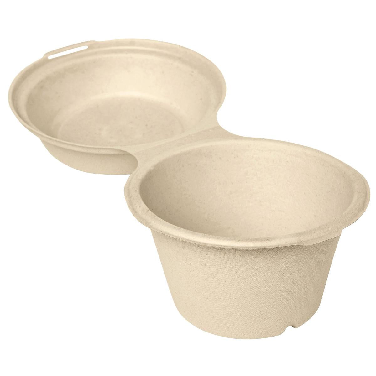 La Clamshell 575 ml - non revêtue Brun Bagasse 132x132x75 de Duni GmbH est une boîte alimentaire à deux compartiments, biodégradable et beige, fabriquée à partir de fibres moulées pour des emballages durables. Vendue en paquets de 40 pièces.