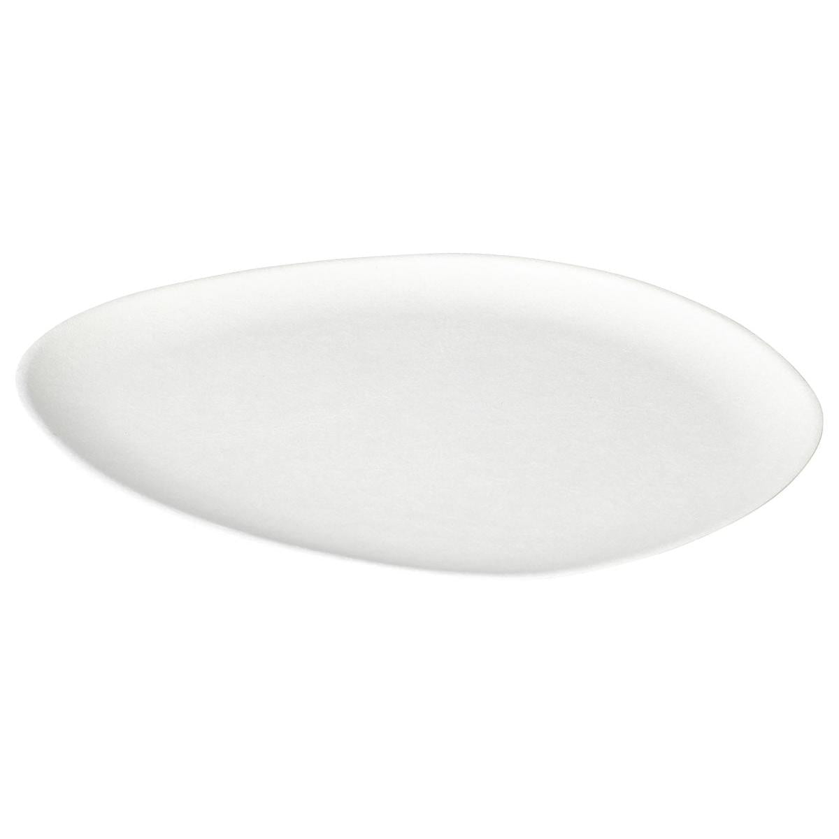 Une simple assiette ovale blanche en galet de 27 cm en bagasse non enduite (270x240x10 mm, paquet de 50 pièces) de la marque Duni GmbH avec une surface lisse, photographiée sur fond blanc.