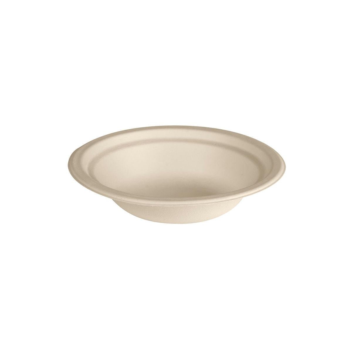 Le bol à soupe de 400 ml, non revêtu, de Duni GmbH est un simple bol à soupe rond, couleur crème, en matériau biodégradable avec un design lisse et un bord légèrement surélevé, illustré sur un fond blanc.