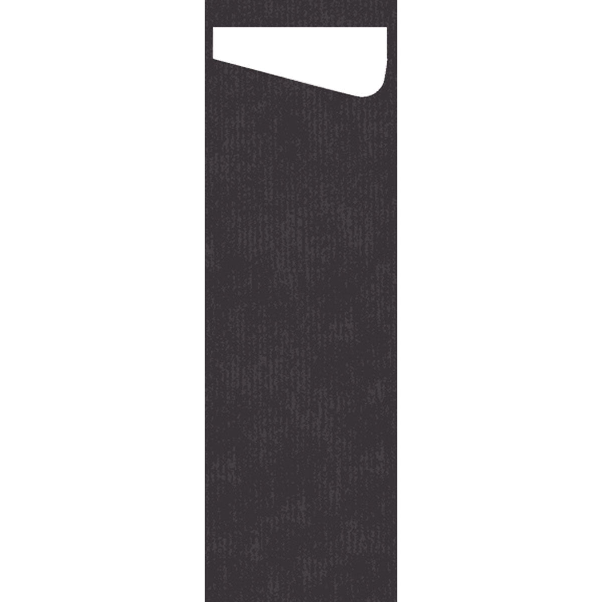 Une forme rectangulaire noire verticale avec une découpe en biais blanche en haut à droite ressemble au SACCHETTO Bio D-Soft Slim de Duni GmbH - idéal pour le lavage écologique des vêtements délicats. Le fond est uni blanc.