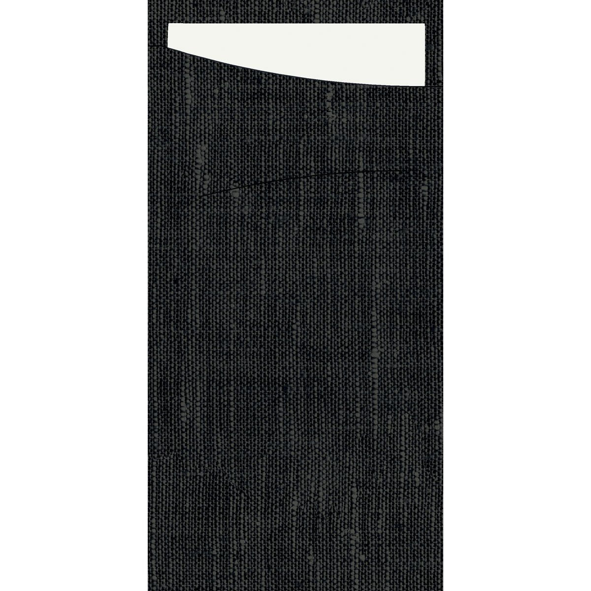 Un gros plan sur la surface en tissu noir texturé du SACCHETTO Bio D-Soft de la société Duni GmbH, avec une carte rectangulaire blanche partiellement glissée dans le bord supérieur gauche.