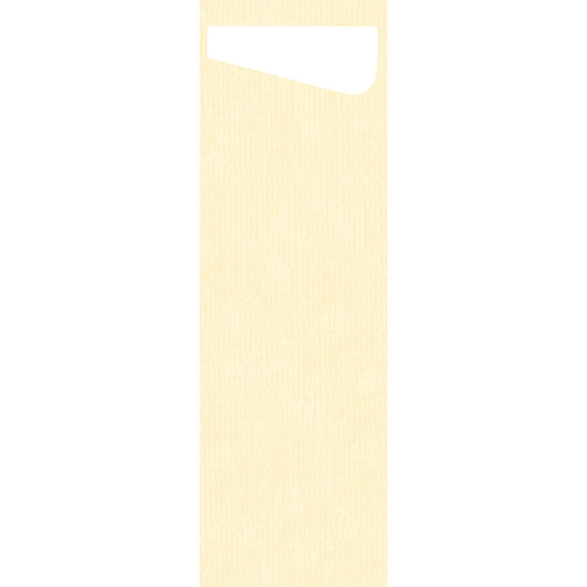 Un SACCHETTO Bio D-Soft Slim rectangulaire haut, texturé, jaune clair de Duni GmbH avec une petite découpe triangulaire blanche - idéal pour le lavage écologique des vêtements délicats dans des sacs à linge biodégradables.