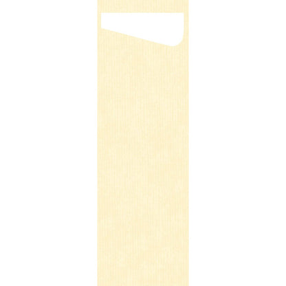 Un SACCHETTO Bio D-Soft Slim rectangulaire haut, texturé, jaune clair de Duni GmbH avec une petite découpe triangulaire blanche - idéal pour le lavage écologique des vêtements délicats dans des sacs à linge biodégradables.
