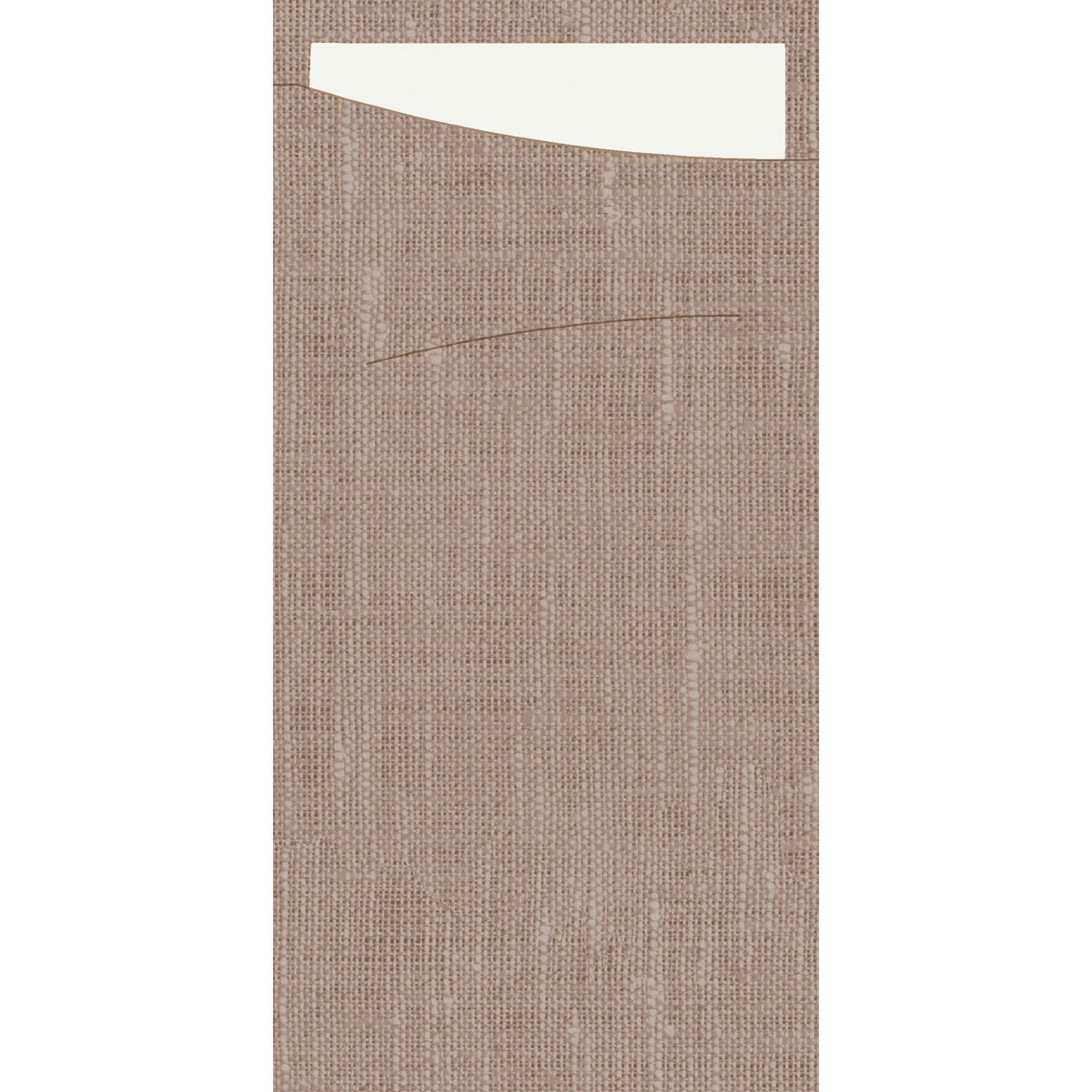 Une surface verticale, rectangulaire, marron et texturée, similaire à celle du SACCHETTO Bio D-Soft de la société Duni GmbH, comportant une ligne horizontale courbe et une section rectangulaire blanche dans le coin supérieur gauche.