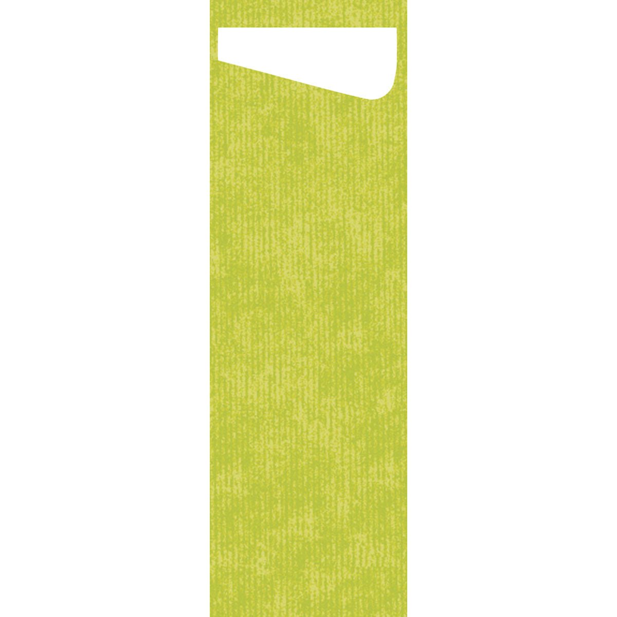 Une bande verticale rectangulaire de papier texturé vert clair avec un pli triangulaire blanc en haut à gauche rappelle le SACCHETTO Bio D-Soft Slim de Duni GmbH, qui se distingue par un motif discret et marbré et est idéal pour les objets délicats.
