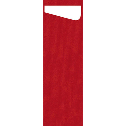 Un simple rectangle rouge vertical avec une petite découpe triangulaire blanche en haut à gauche ; son fond texturé transmet subtilement le soin doux idéal pour les vêtements délicats comme le SACCHETTO Bio D-Soft Slim biodégradable de Duni GmbH.