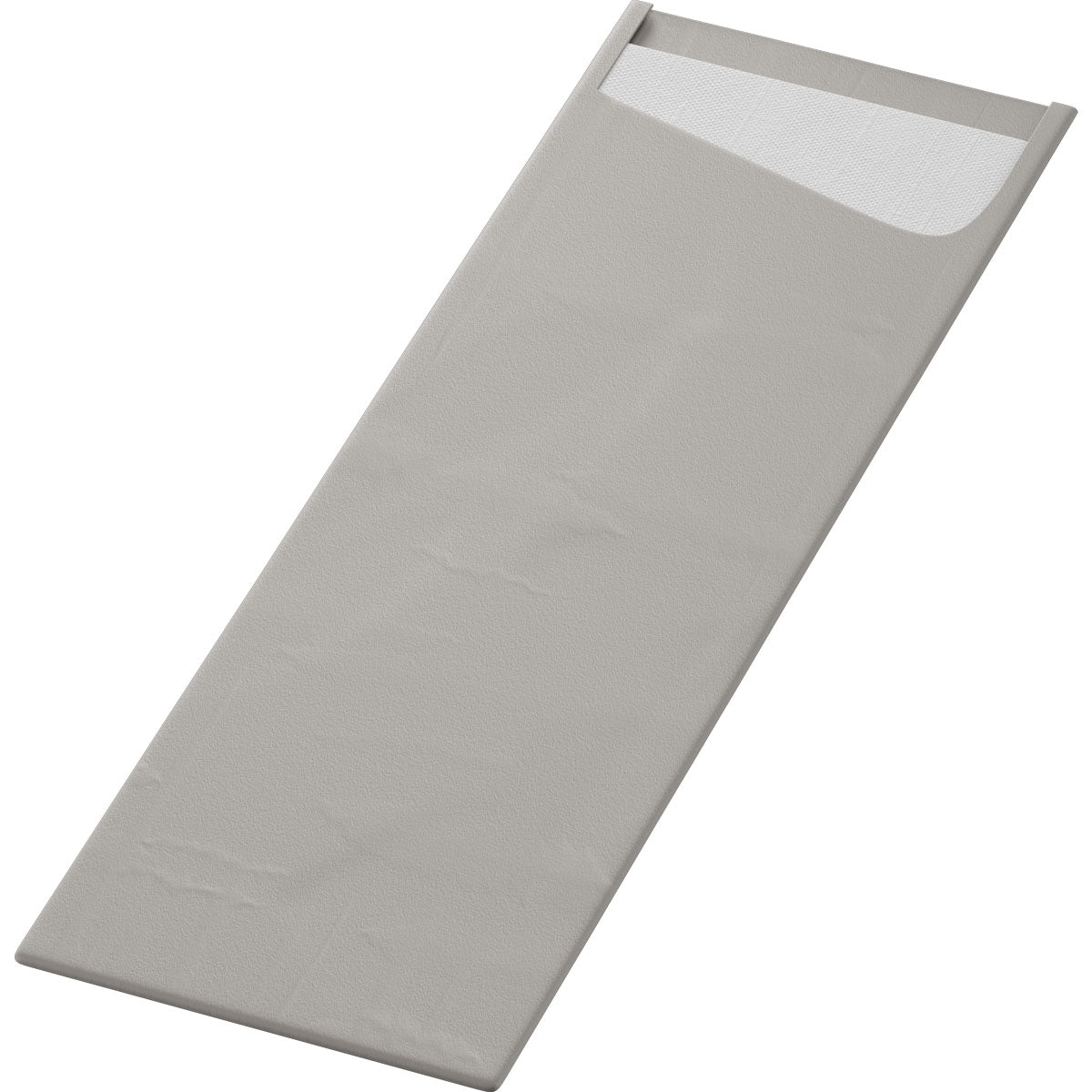 Le SACCHETTO Bio D-Soft Slim de Duni GmbH est un sac rectangulaire gris avec une surface texturée et une extrémité ouverte, montrant une doublure blanche. Il est présenté à plat sur un fond blanc - idéal pour les vêtements délicats.