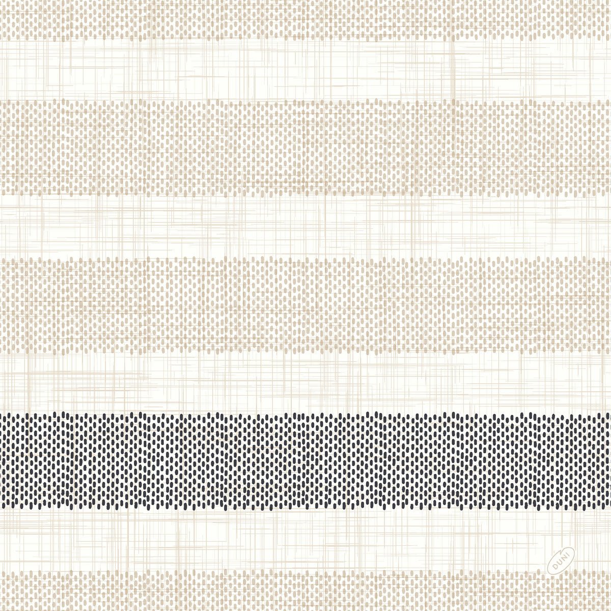 Les serviettes Dunilin 40x40 cm, Rigato noir de Duni GmbH présentent un motif rayé beige-noir sur fond blanc et offrent un aspect quadrillé structuré - idéal pour une décoration de table élégante avec des serviettes noires. Paquet de 45 serviettes de haute qualité.