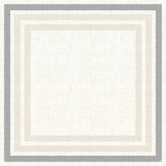 Die Dunicel Mitteldecke 84x84 cm von Duni GmbH hat eine weiße Mitte mit beigen und grauen Rändern, wodurch ein Lagenlook entsteht - ideal für stilvoll gedeckte Tische, besonders in Kombination mit dem Rigato schwarz 60111 Kugelschreiber. Packung mit 20 Stück.