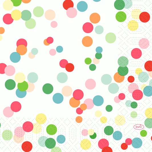 Verspielte pastellfarbene und bunte Kreise auf weißem Hintergrund, akzentuiert durch schwache gepunktete Linien und ein rotes "Duni"-Oval - ideal für Zellt.-Serv.33 3lg 1/4 - Happy Bubbles | Packung (250 Servietten) von Duni GmbH.