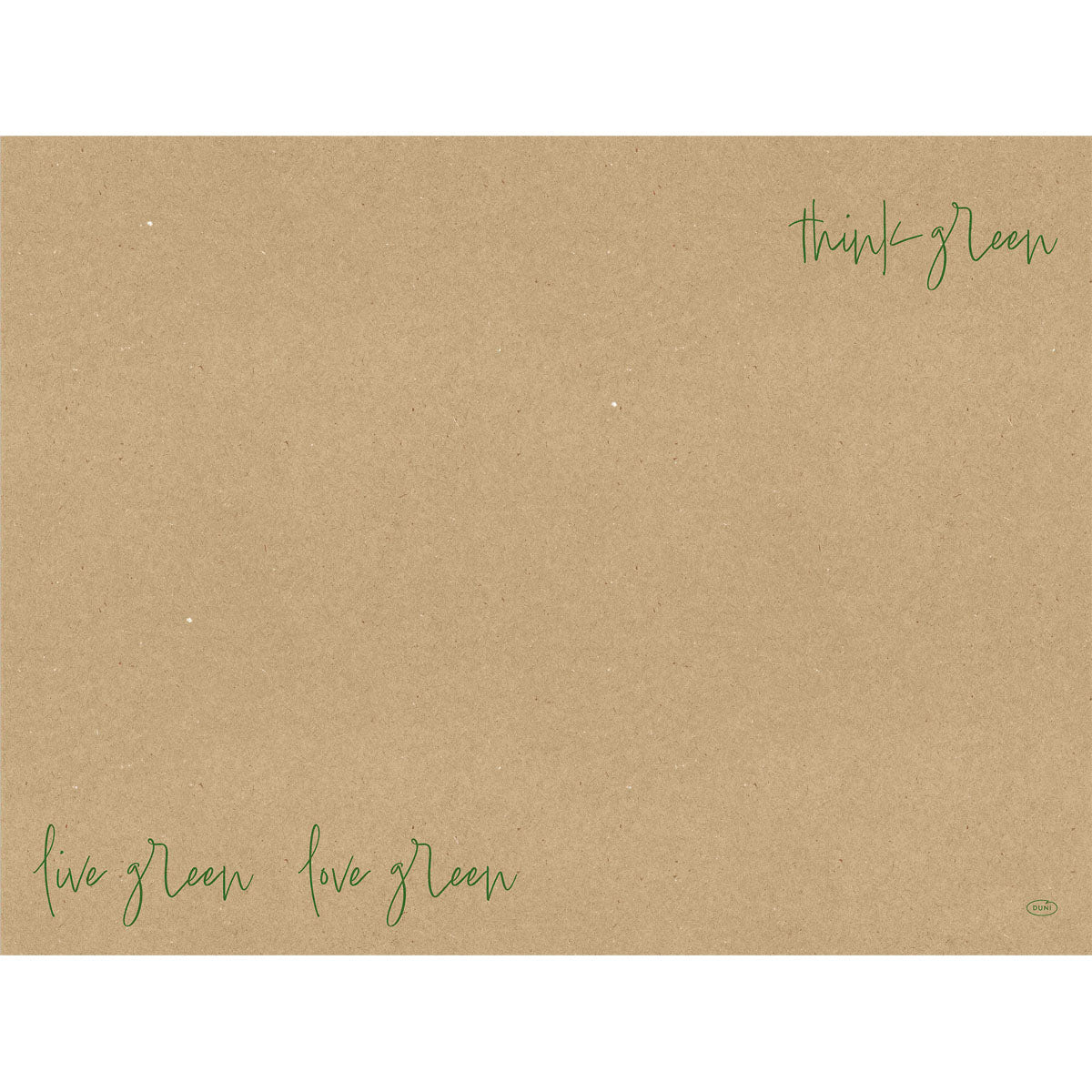 Das Papier Tischset "Love Green" von Duni GmbH (30x40 cm, 250 Stück) zeigt auf braunem Recyclingpapier grüne Handschrift: "think green" oben rechts und "live green love green" unten links. Perfekt als dekorative Tischdekoration.