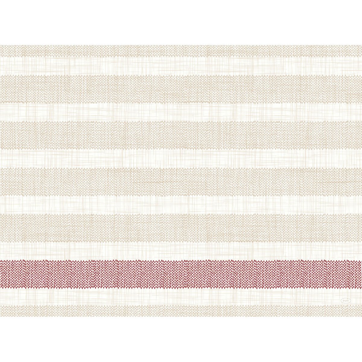 Un motif de tissu tissé avec des rayures horizontales beige clair et crème ainsi qu'une rayure bordeaux, reflétant le look élégant des sets de table Bio-Dunicel 30x40 Rigato Bordeaux de Duni GmbH (paquet de 100 pièces) avec une texture grossière et répétitive.