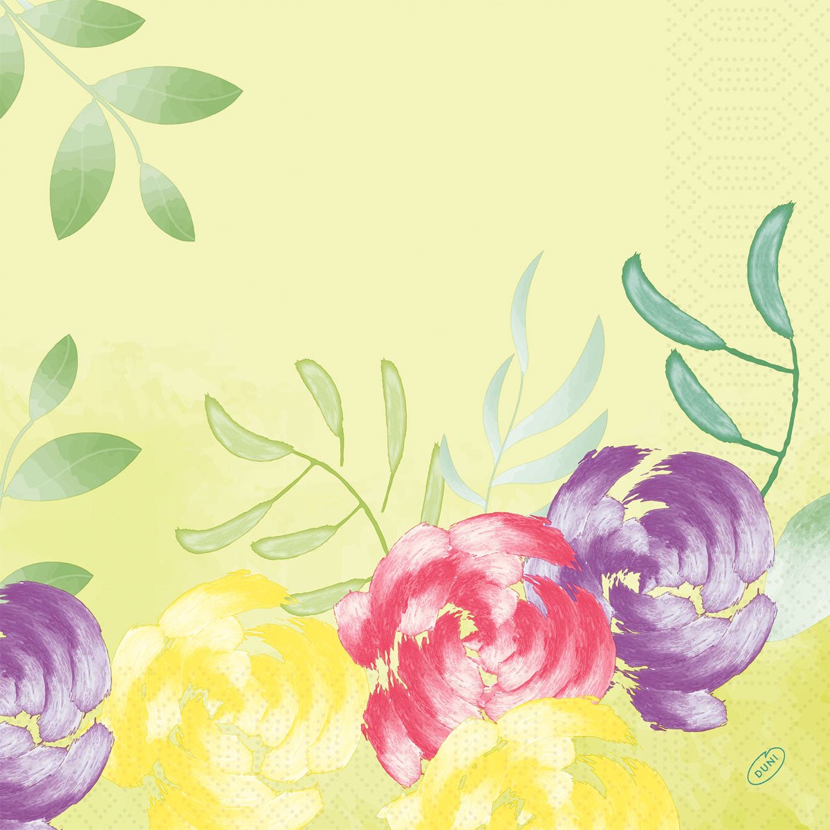 Avec un fond jaune clair avec des feuilles vertes et trois grandes fleurs jaunes, roses et violettes, les "Serviettes 40x40 cm 3 plis Soft Tropics" de Duni GmbH offrent un look tropical. Le paquet contient 250 serviettes de haute qualité.