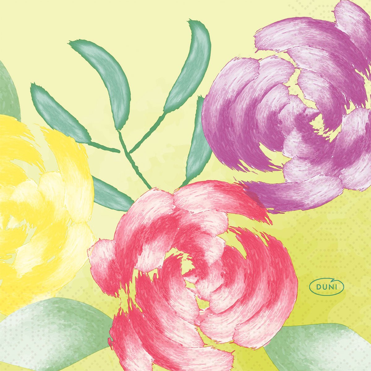 Trois grandes fleurs texturées, de couleur jaune, rose et violette, sont disposées parmi des feuilles vertes sur un fond jaune clair. Le logo de la société Duni GmbH figure en bas à droite. La serviette, au format 24x24 3lg 1/4, est idéale pour les occasions spéciales.