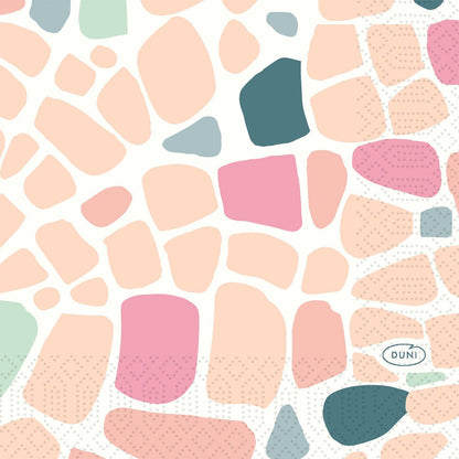 Motif abstrait composé de formes irrégulières roses, couleur pêche, vertes et grises sur fond blanc ; la mention « DUNI » apparaît dans un ovale en bas à droite. Idéale comme serviette de table haut de gamme pour les occasions spéciales. Produit : serviette de table, 24 x 24 3lg 1/4 de Duni GmbH.