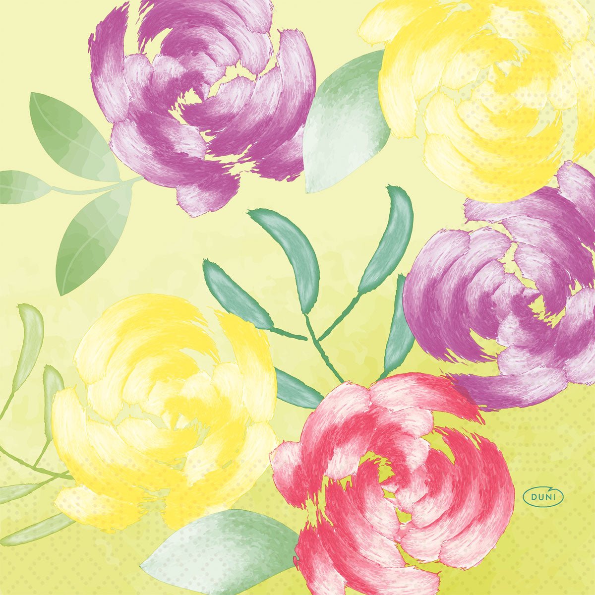 Les « serviettes 33 cm, 3 épaisseurs, Soft Tropics » de la société Duni GmbH arborent des motifs floraux et des feuilles vertes aux couleurs vives, peints au pinceau sur un fond jaune clair : elles sont idéales pour votre garden-party. Le paquet contient 50 serviettes en papier de grande qualité, chacune ornée d'un discret logo Duni bleu.