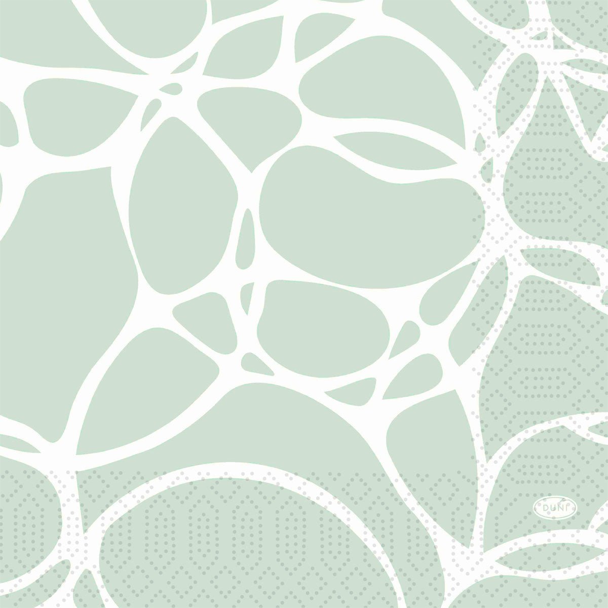 Motif abstrait composé de grandes formes blanches irrégulières sur un fond vert clair et de motifs à pois. La mention « Duni » figure en bas à droite – idéal pour les serviettes en papier Duni GmbH de 33 cm, 3 épaisseurs, pliage en quart, couleur Ocean Mint, paquet de 250 pièces.