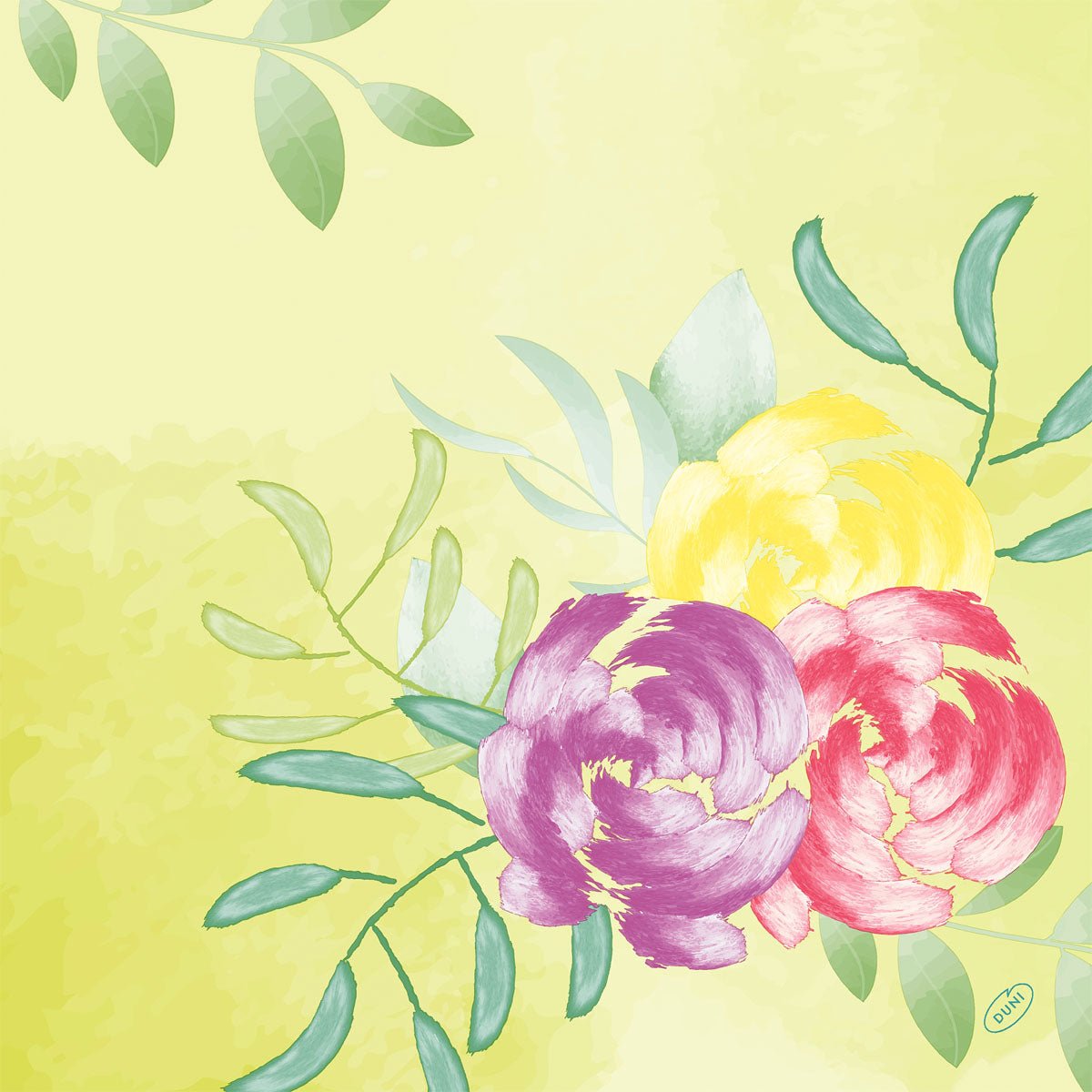Une illustration de style aquarelle avec des fleurs jaunes, violettes et roses avec des feuilles vertes sur un fond jaune-vert clair, parfaite pour le serviette Bio-Dunisoft 40x40cm de Duni GmbH.