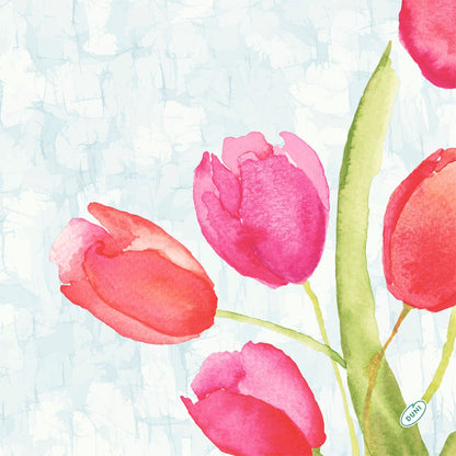 Illustration aquarelle de quatre tulipes roses et rouges avec des tiges vertes sur un fond bleu clair, parfaite pour le serviette Bio-Dunisoft 40x40cm de Duni GmbH.