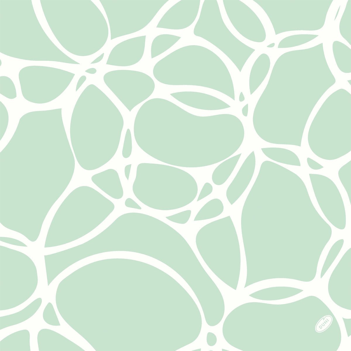 Motif abstrait avec des formes blanches irrégulières et interconnectées sur fond vert clair, rappelant des formes organiques, cellulaires - parfait pour le serviette Bio-Dunisoft de Duni GmbH. Chiffon de nettoyage 40x40cm en coton biologique respectueux de l'environnement.