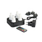 Le Duni GmbH LED Set, Blanc chaud & Multicolore - Lampes changeant de couleur (1 pièce) contient quatre lampes LED multicolores sur une station de charge noire, une télécommande à bouton de couleur, un adaptateur secteur et trois fiches interchangeables.