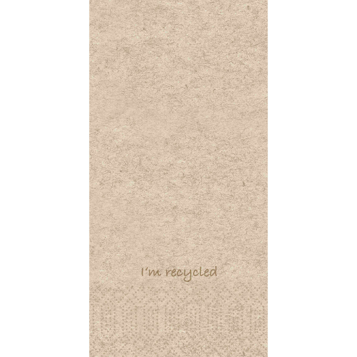 Une serviette en cellulose de 40 cm de long, à 2 plis, de Duni GmbH avec une texture discrète et l'impression "Je suis recyclé" dans la partie inférieure - idéale pour un usage respectueux de l'environnement ou dans le cadre du paquet Recycled 300P (300 serviettes), pliage 1/8.