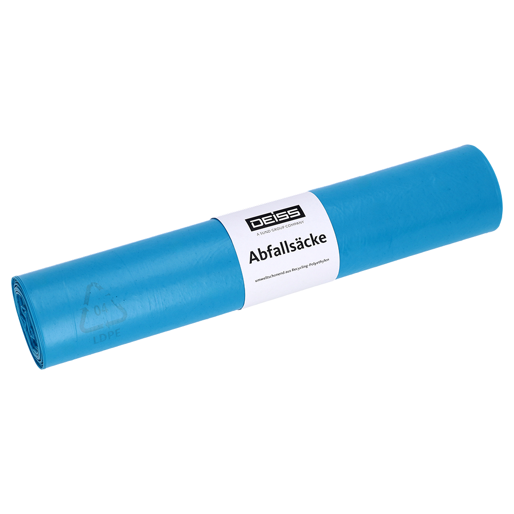Eine Rolle blauer Müllsäcke der EMIL DEISS KG (GmbH + Co.) (DEISS Abfallsäcke aus Recycling-LDPE 70 l, Blauer Engel, 25 Stück) mit weißem Etikett steht auf weißem Hintergrund.