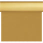 Un rouleau de papier cadeau doré est partiellement déroulé et reflète l'apparence lisse et brillante ainsi que la texture uniforme de la nappe Dunisilk Tete a Tete 0,4x24m or de la société Duni GmbH.
