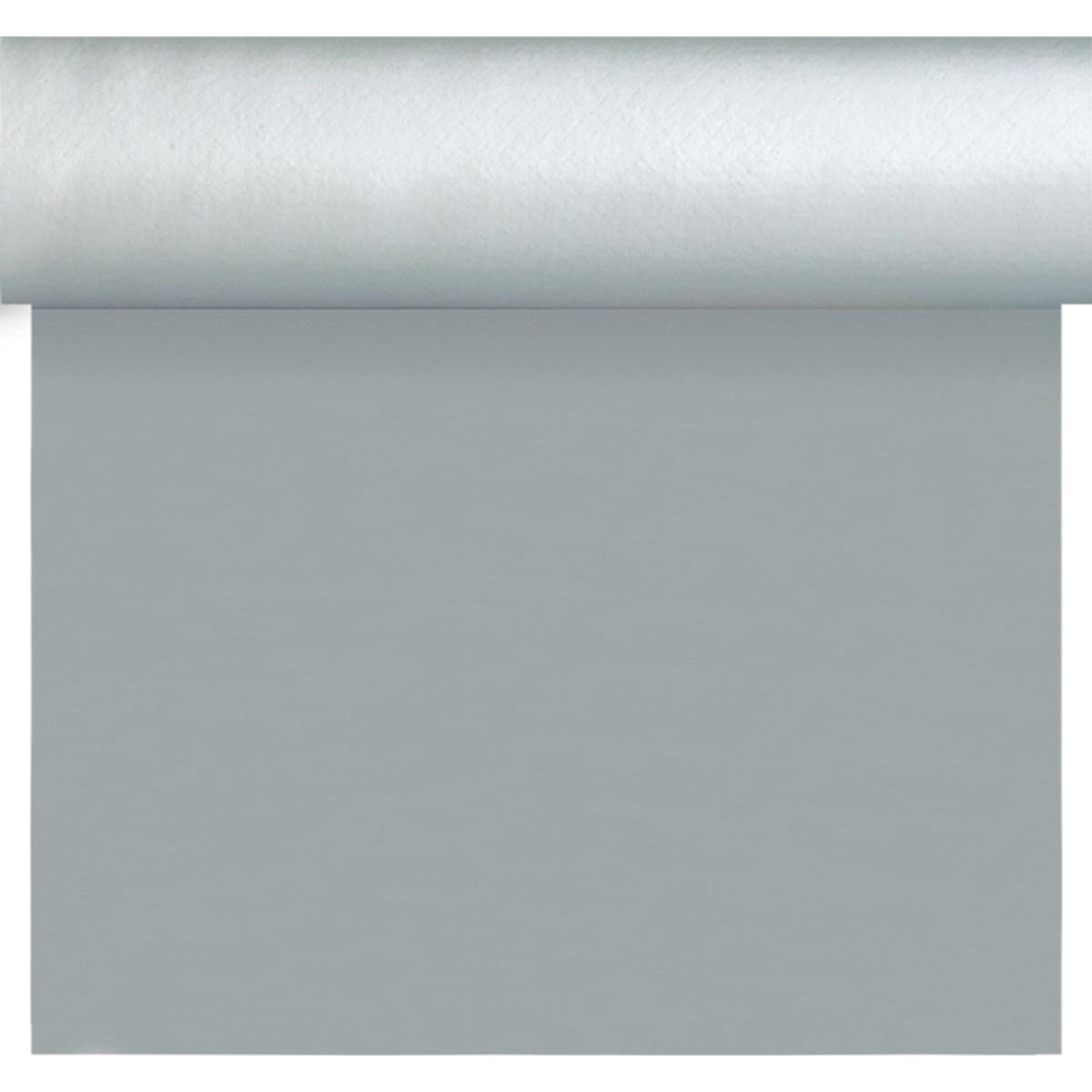 Un rouleau de Dunisilk Tete a Tete 0,4x24m argent de Duni GmbH est partiellement déroulé avec une surface lisse - idéal pour une décoration de table élégante. La nappe de haute qualité (paquet de 1 pièce) est présentée en haut de l'image.