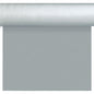 Un rouleau de Dunisilk Tete a Tete 0,4x24m argent de Duni GmbH est partiellement déroulé avec une surface lisse - idéal pour une décoration de table élégante. La nappe de haute qualité (paquet de 1 pièce) est présentée en haut de l'image.