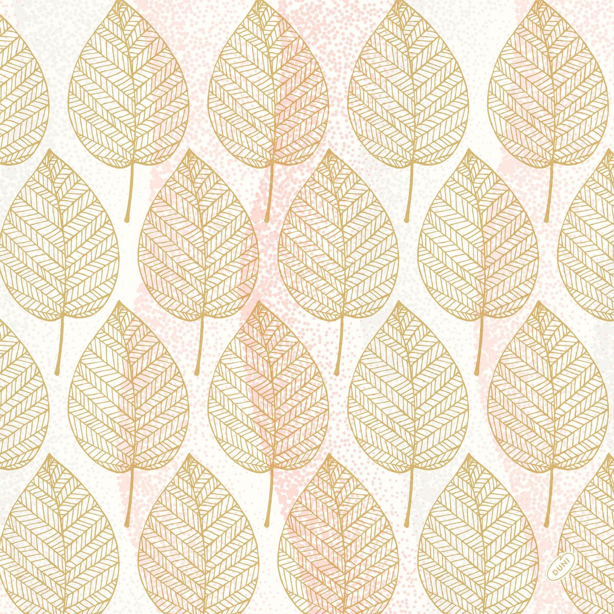 Un motif sans couture de feuilles bordées d'or avec des nervures détaillées sur des accents blancs et roses orne les serviettes Bio-Dunisoft 40x40cm de Duni GmbH et crée un look propre et décoratif, idéal pour un usage écologique.