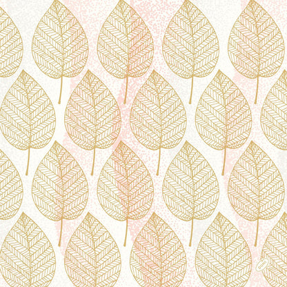 Un motif sans couture de feuilles bordées d'or avec des nervures détaillées sur des accents blancs et roses orne les serviettes Bio-Dunisoft 40x40cm de Duni GmbH et crée un look propre et décoratif, idéal pour un usage écologique.