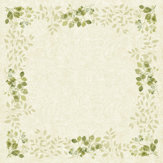 Ein hellbeiger Hintergrund mit einem dezenten Paisley-Muster und grünen Paisley-Blättern an jeder Ecke erinnert an den umweltfreundlichen Charme der Bio-Dunicel-Mitteldecke 84x84cm (20 Stück) der Duni GmbH, biologisch abbaubar und stilvoll für jede Umgebung.