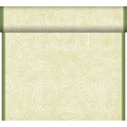 Eine Tapetenrolle mit einem hellgrünen und cremefarbenen Paisleymuster, umrandet von vertikalen grünen Kanten, ist ideal für die Kombination mit dem Duni GmbH Bio-Dunicel Tete-a-Tete Tischläufer 0,4x24m.