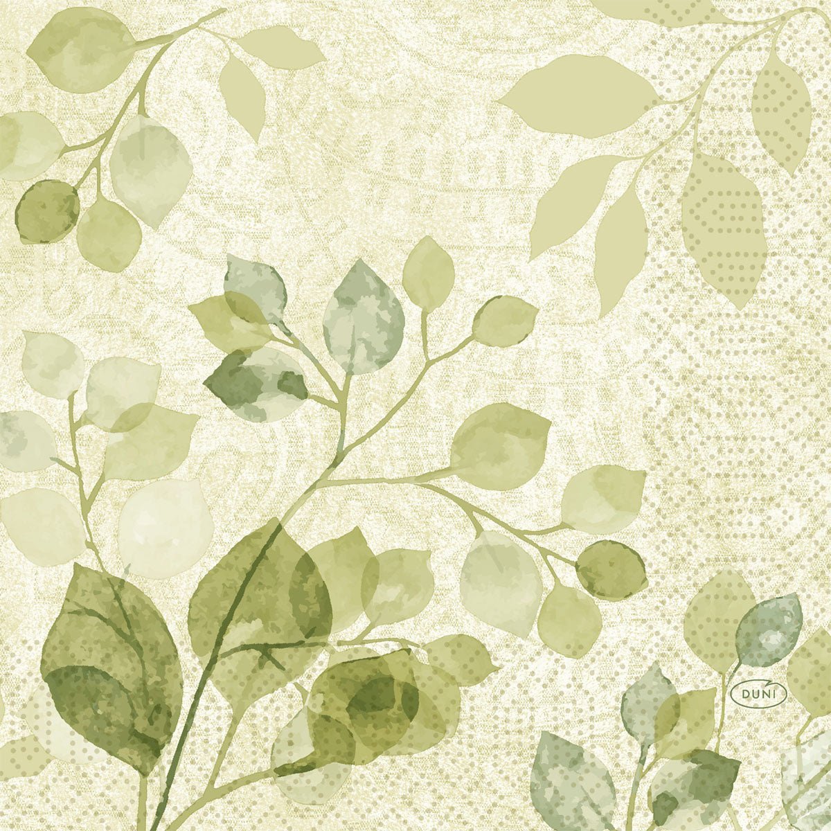 Les serviettes Duni GmbH 33x33 3 plis 1/4 Paisley Feuilles (50 pièces) présentent un design aquarelle avec des branches feuillues vertes sur un beige clair et des motifs paisley subtils, offrant un aspect doux et naturel avec des détails délicats et texturés.
