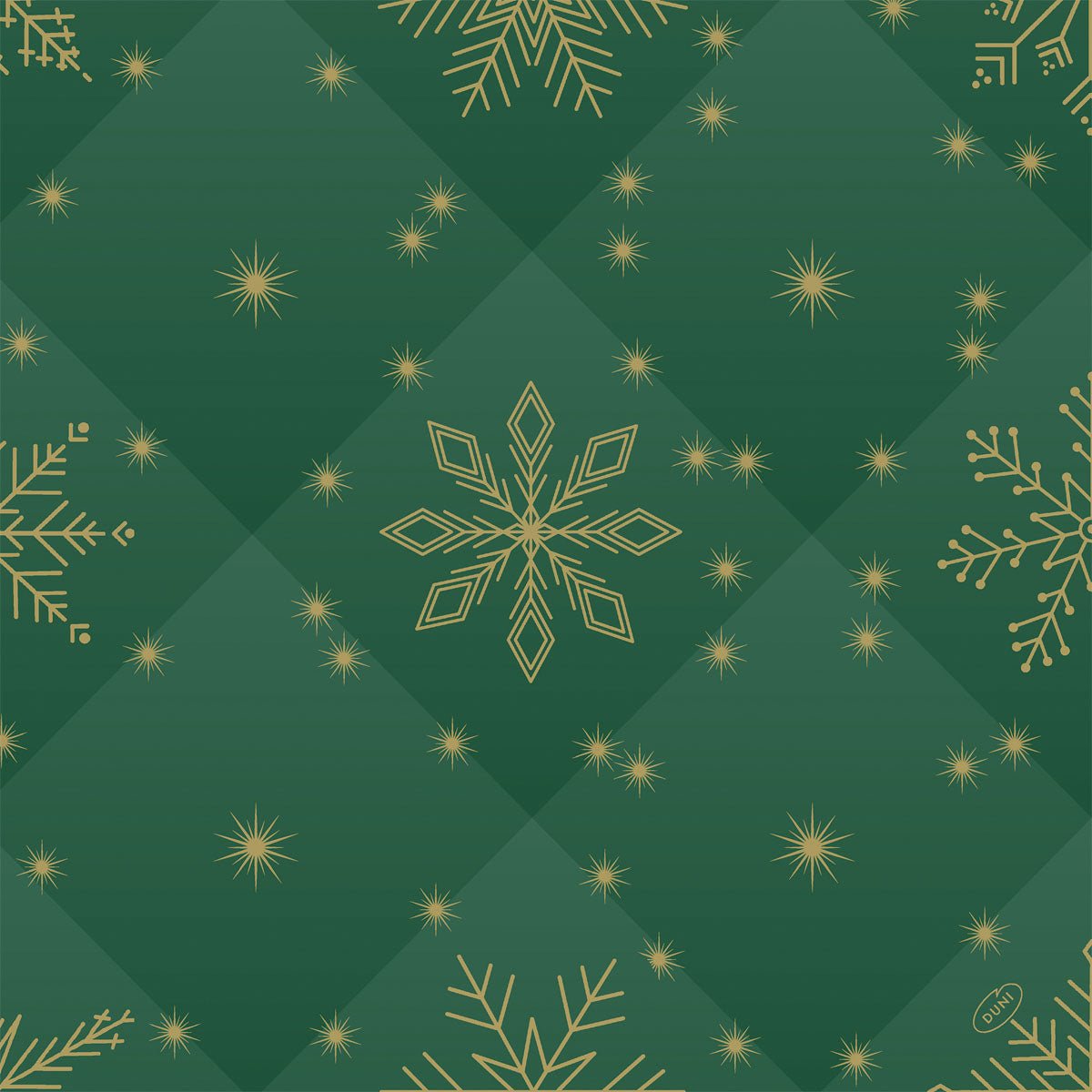 Un fond vert matelassé avec des flocons de neige géométriques dorés et des étoiles, idéal pour les serviettes Bio-Dunisoft 40x40cm de Duni GmbH.