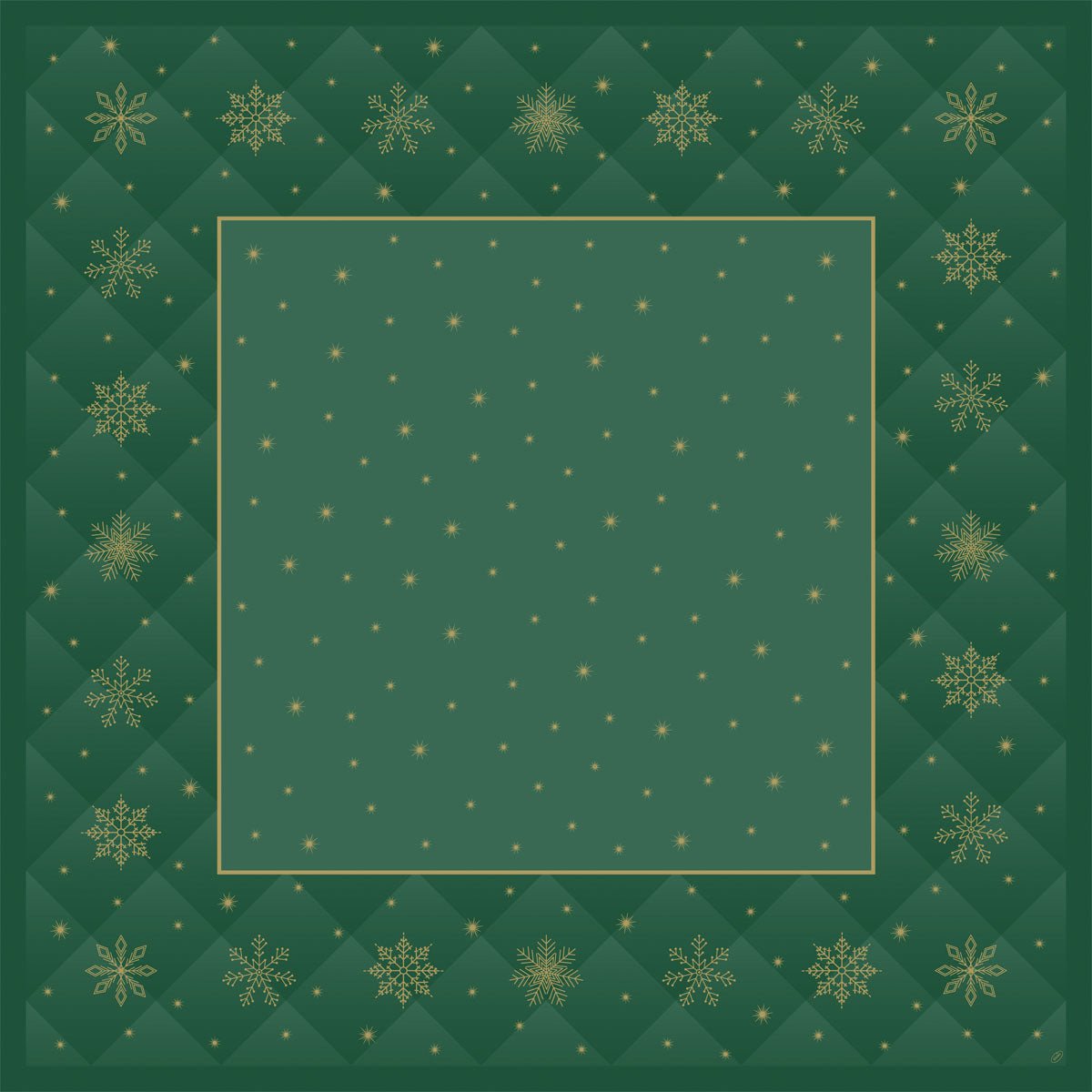 La nappe intermédiaire Bio-Dunicel 84x84cm Rhombus verte de Duni GmbH a un design carré, biodégradable, vert avec un bord en grille de flocons de neige dorés et un centre uni décoré de points et d'étoiles dorés dispersés. Emballage : 20 pièces.