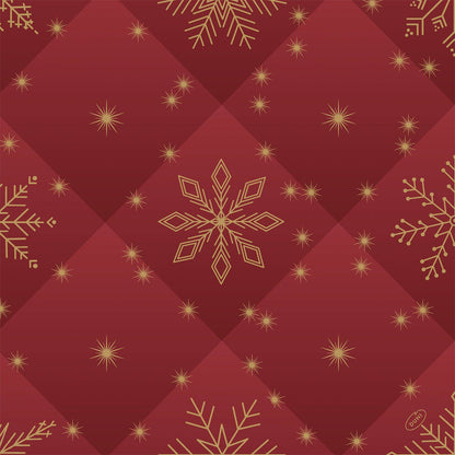 Fond rouge matelassé avec des flocons de neige dorés et des étoiles brillantes qui reflètent l'élégance festive des serviettes Bio-Dunisoft 40x40cm de Duni GmbH - des serviettes écologiques pour chaque occasion spéciale.