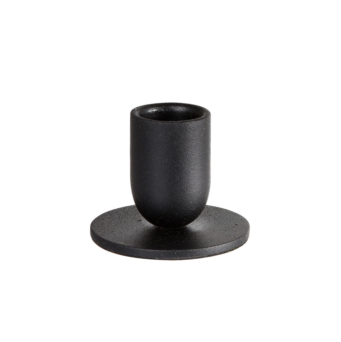 Le bougeoir en métal de Duni GmbH au design totem (5,7x4,3 cm, 1 pièce) en noir élégant avec un gobelet cylindrique et une base ronde est idéal pour la décoration intérieure moderne; présenté sur un fond blanc.