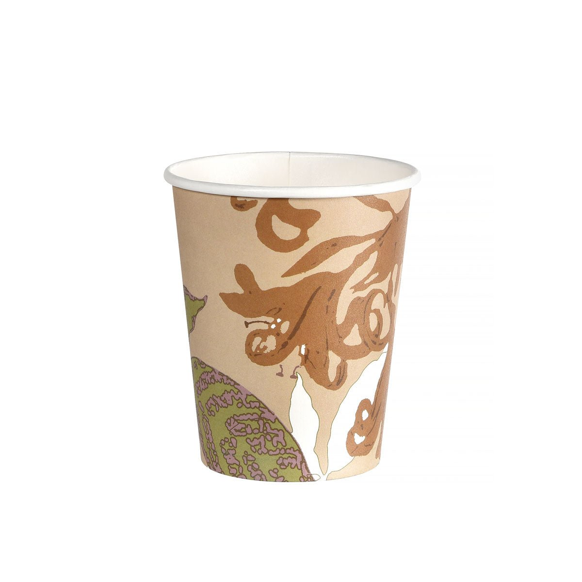 Un gobelet en carton Duni GmbH WBC Garden, 240ml, avec un design floral abstrait coloré se tient sur un fond blanc - un choix écologique pour des célébrations soucieuses de l'environnement. Emballé en paquet (40 pièces).