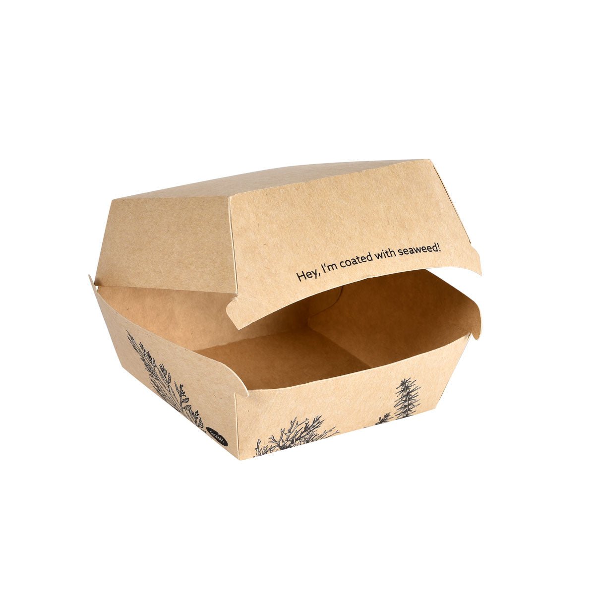 Une boîte à coquille d'algues brune de 500 ml (120x120x75mm) de Duni GmbH en carton, avec un graphique végétal noir, représentée ouverte et vide. Intérieur du couvercle : "Hé, je suis recouvert d'algues !" - une solution d'emballage durable.