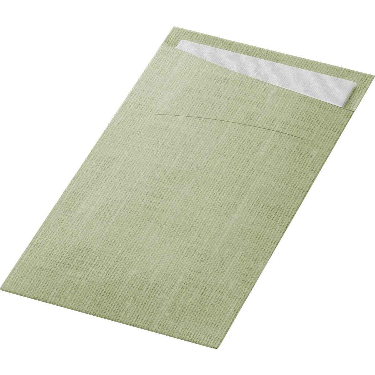 La serviette SACCHETTO Bio D-Soft de Duni GmbH est une serviette rectangulaire de couleur vert clair, texturée, dotée d'une pochette pouvant accueillir une serviette blanche. Fabriquée à partir d'un matériau respectueux de l'environnement, elle fait office de pochette écologique pour encore plus de durabilité.
