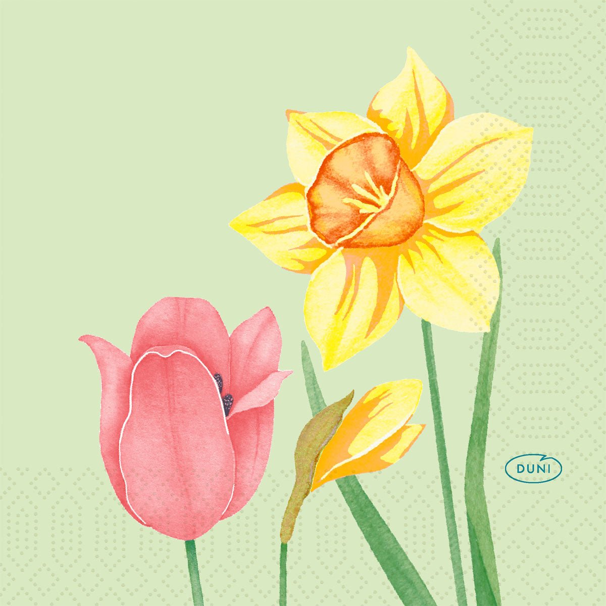 Une aquarelle représentant une tulipe rose et deux jonquilles jaunes orne cette serviette de table, au format 24x24 3lg 1/4 de la marque Duni GmbH — idéale pour les occasions spéciales, avec la mention « Duni » en bleu sur fond vert clair.