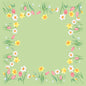 Die Bio-Dunicel-Mitteld.84x84 Frühlingsmelodie-Servietten der Duni GmbH zeigen ein grünes Quadrat, das mit gelben Narzissen, weißen Narzissen und rosa Tulpen umrandet ist - ein frischer Akzent für den Frühlingstisch. Die Mitte ist einfarbig. Packung mit 20 Stück.