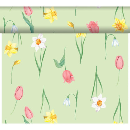 Le Bio-DC-Tete a Tete 0,4x24m de Duni GmbH est un papier peint vert clair, orné de tulipes roses, de jonquilles jaunes et de perce-neige blancs - une décoration durable pour votre espace.
