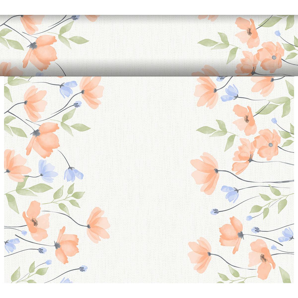 Le Bio-DC-Tete a Tete 0,4x24m de Duni GmbH a un fond blanc, encadré sur les bords supérieur, gauche et droit de fleurs orange et bleues et de feuilles vertes dans un style aquarelle, laissant le centre largement libre pour une décoration durable.